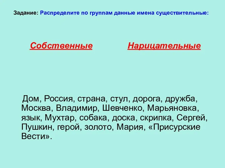 Задание: Распределите по группам данные имена существительные: Собственные Нарицательные Дом,