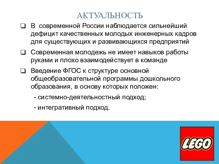 АКТУАЛЬНОСТЬ В современной России наблюдается сильнейший дефицит качественных молодых инженерных