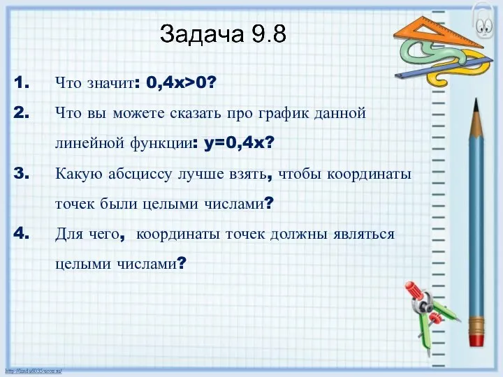 Что значит: 0,4x>0? Что вы можете сказать про график данной