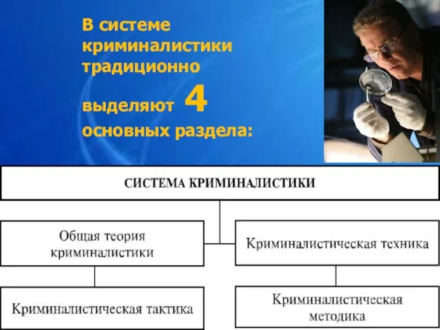 В системе криминалистики традиционно выделяют 4 основных раздела: