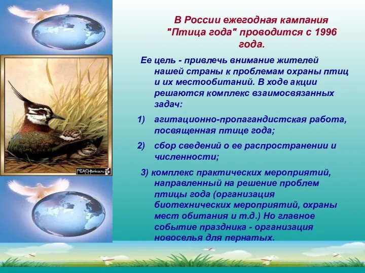 В России ежегодная кампания "Птица года" проводится с 1996 года. Ее цель -
