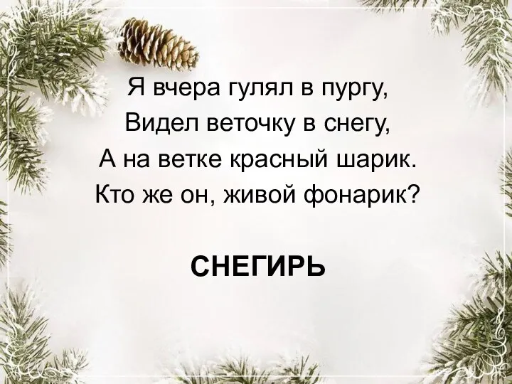 СНЕГИРЬ Я вчера гулял в пургу, Видел веточку в снегу,