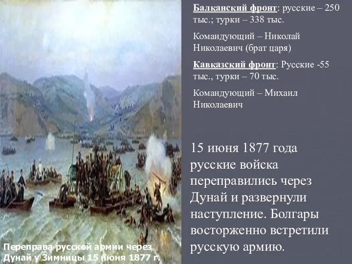 15 июня 1877 года русские войска переправились через Дунай и