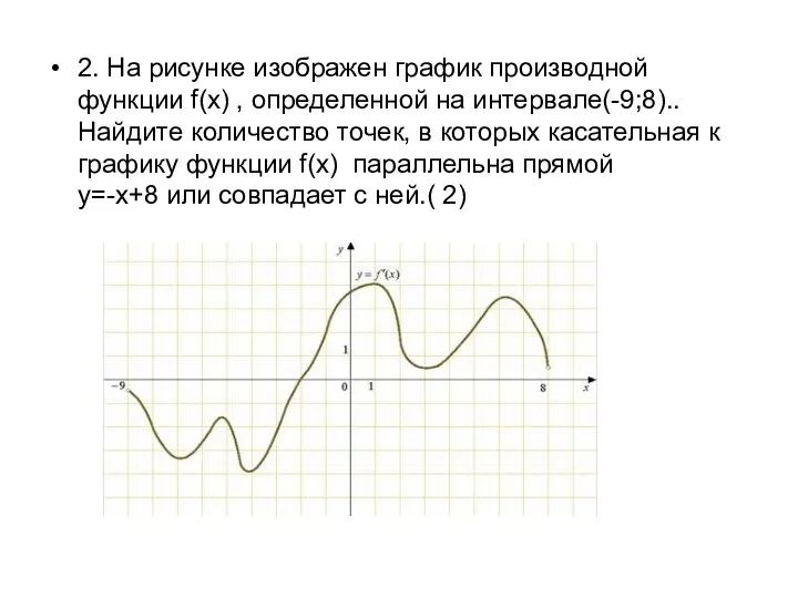 2. На рисунке изображен график производной функции f(x) , определенной на интервале(-9;8).. Найдите