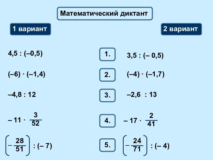 Математический диктант 1 вариант 2 вариант 1. 4,5 : (–0,5)
