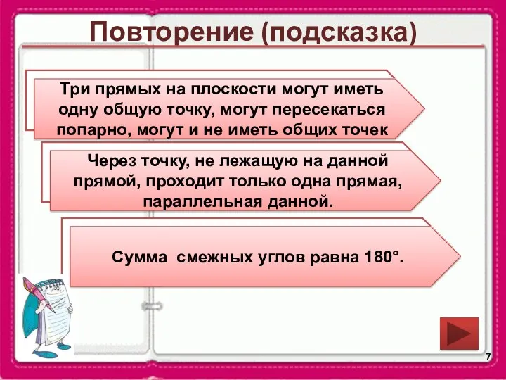 Повторение (подсказка) Как могут взаимно располагаться три прямых на плоскости? Сформулируйте аксиому параллельных