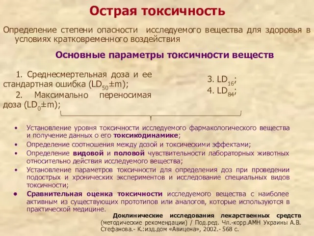 Острая токсичность Определение степени опасности исследуемого вещества для здоровья в