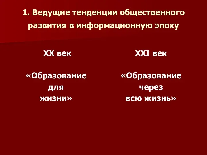 1. Ведущие тенденции общественного развития в информационную эпоху ХХ век «Образование для жизни»