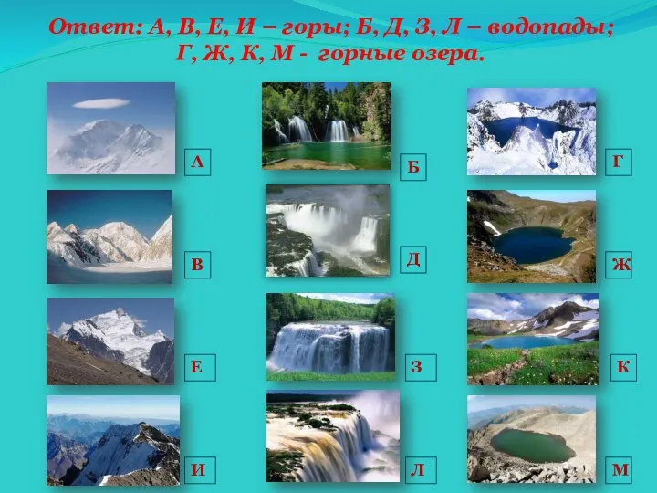 Ответ: А, В, Е, И – горы; Б, Д, З, Л – водопады;