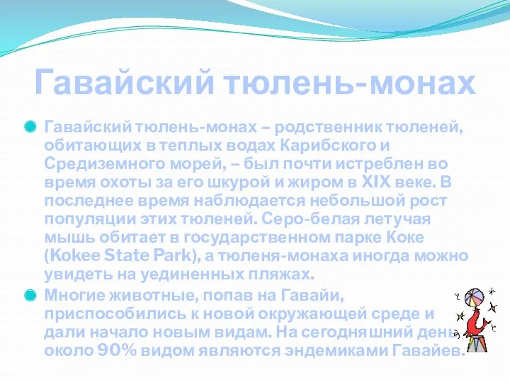 Гавайский тюлень-монах Гавайский тюлень-монах – родственник тюленей, обитающих в теплых водах Карибского и