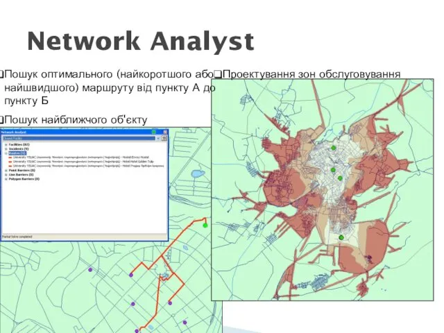 Network Analyst Пошук найближчого об'єкту Проектування зон обслуговування Пошук оптимального