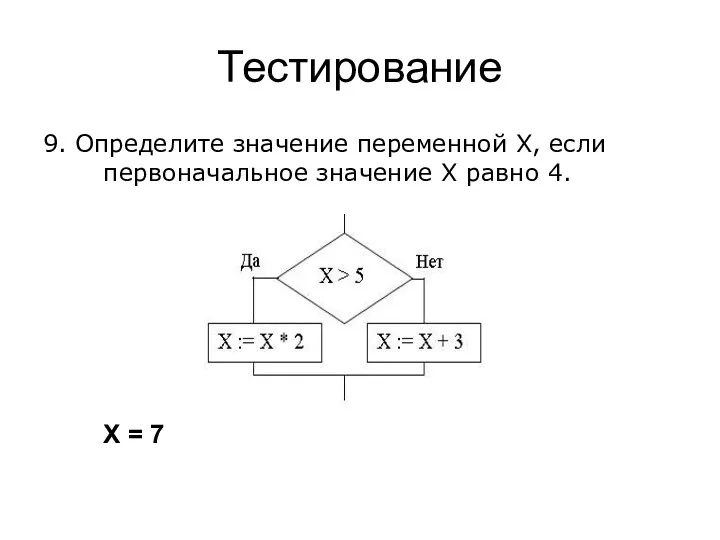 Тестирование 9. Определите значение переменной X, если первоначальное значение Х равно 4. Х = 7