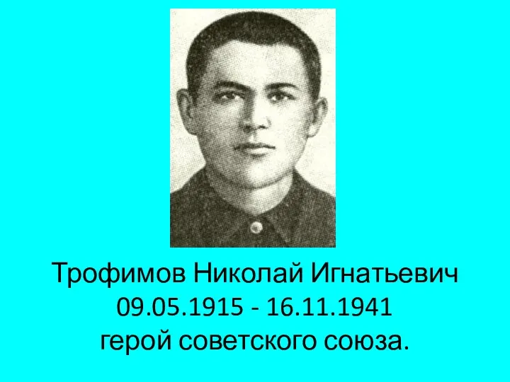 Трофимов Николай Игнатьевич 09.05.1915 - 16.11.1941 герой советского союза.