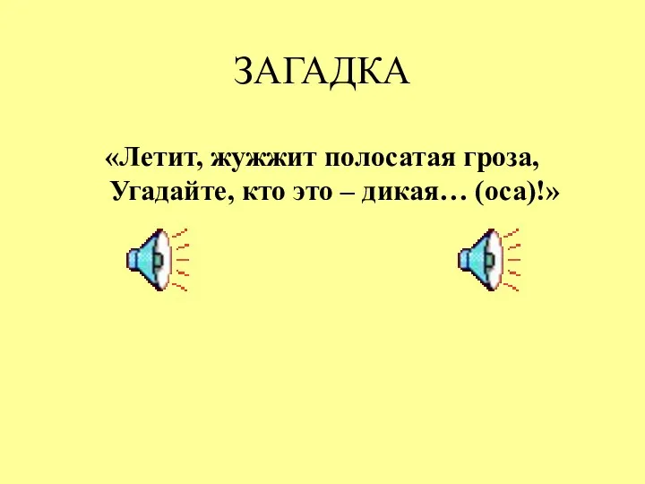 ЗАГАДКА «Летит, жужжит полосатая гроза, Угадайте, кто это – дикая… (оса)!»