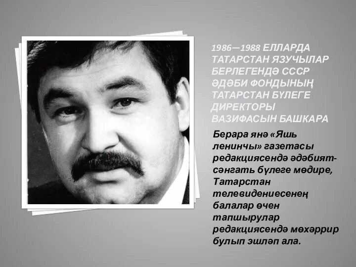 1986—1988 елларда Татарстан Язучылар берлегендә СССР Әдәби фондының Татарстан бүлеге