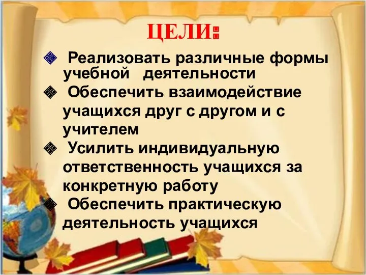 ЦЕЛИ: Реализовать различные формы учебной деятельности Обеспечить взаимодействие учащихся друг с другом и