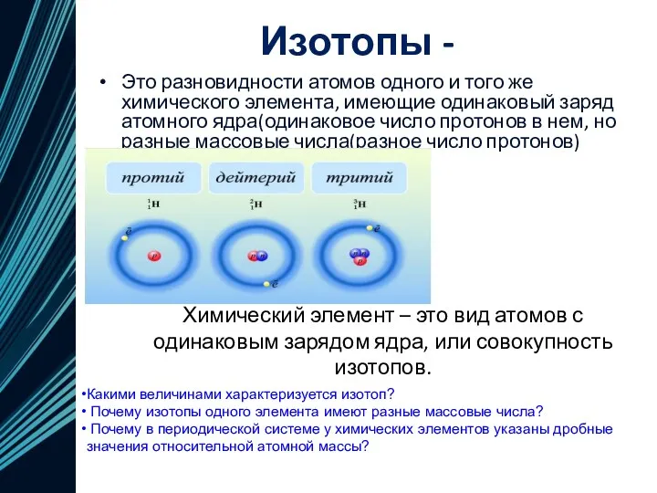 Изотопы - Это разновидности атомов одного и того же химического элемента, имеющие одинаковый