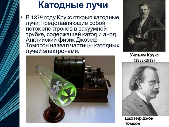 Катодные лучи В 1879 году Крукс открыл катодные лучи, представляющие