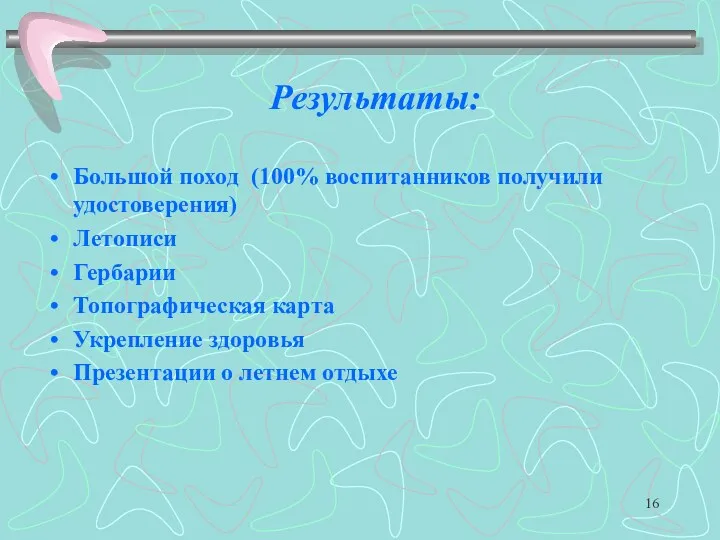 Результаты: Большой поход (100% воспитанников получили удостоверения) Летописи Гербарии Топографическая