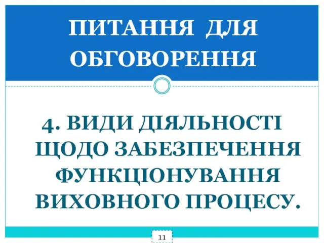 11 4. ВИДИ ДІЯЛЬНОСТІ ЩОДО ЗАБЕЗПЕЧЕННЯ ФУНКЦІОНУВАННЯ ВИХОВНОГО ПРОЦЕСУ. ПИТАННЯ ДЛЯ ОБГОВОРЕННЯ