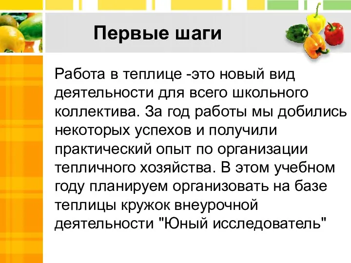 Первые шаги Text Работа в теплице -это новый вид деятельности