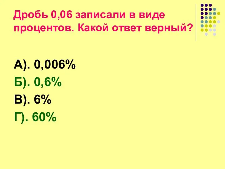 Дробь 0,06 записали в виде процентов. Какой ответ верный? А). 0,006% Б). 0,6%