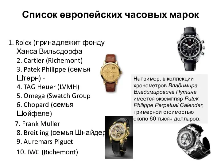 Список европейских часовых марок 1. Rolex (принадлежит фонду Ханса Вильсдорфа