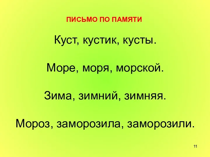 Куст, кустик, кусты. Море, моря, морской. Зима, зимний, зимняя. Мороз, заморозила, заморозили. ПИСЬМО ПО ПАМЯТИ