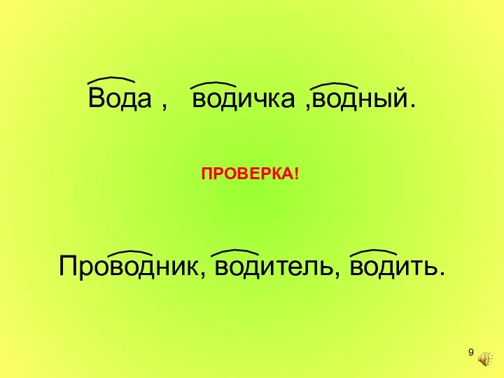 Вода , водичка ,водный. Проводник, водитель, водить. ПРОВЕРКА!