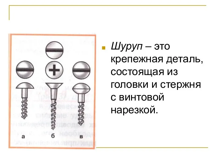 Шуруп – это крепежная деталь, состоящая из головки и стержня с винтовой нарезкой.