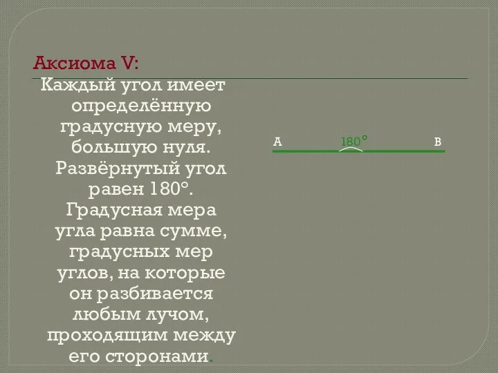 Аксиома V: Каждый угол имеет определённую градусную меру, большую нуля.