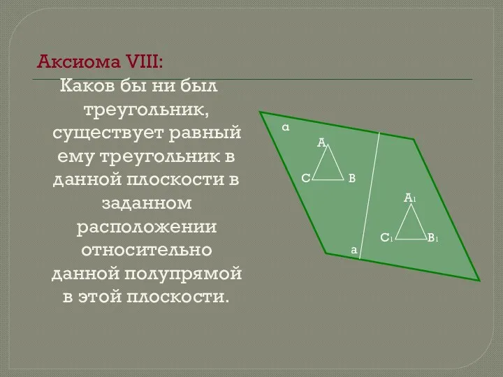 Аксиома VIII: Каков бы ни был треугольник, существует равный ему