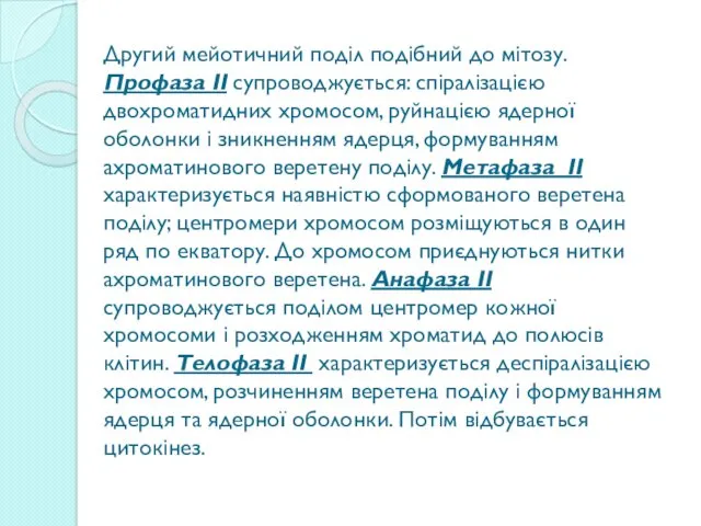 Другий мейотичний поділ подібний до мітозу. Профаза II супроводжується: спіралізацією