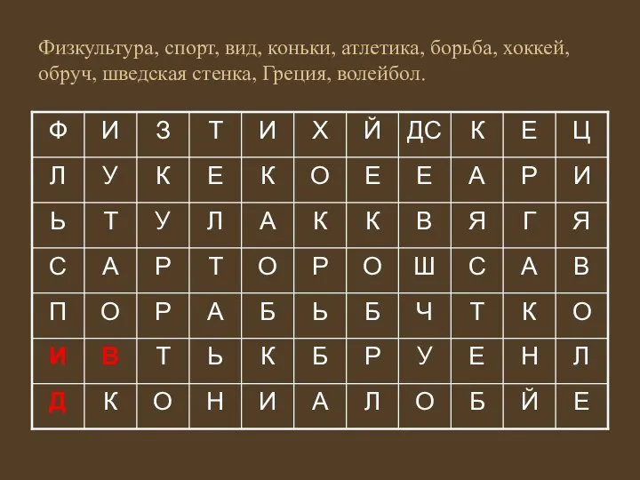 Физкультура, спорт, вид, коньки, атлетика, борьба, хоккей, обруч, шведская стенка, Греция, волейбол.