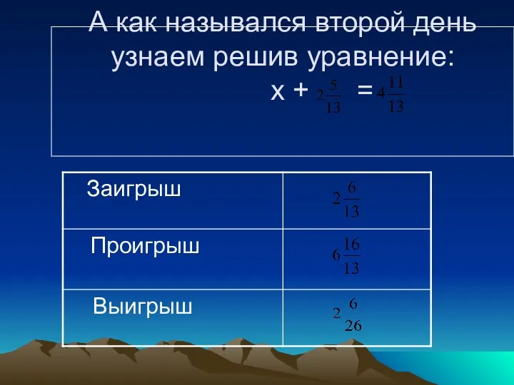 А как назывался второй день узнаем решив уравнение: х + =