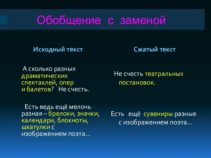 Обобщение с заменой Исходный текст Сжатый текст А сколько разных драматических спектаклей, опер