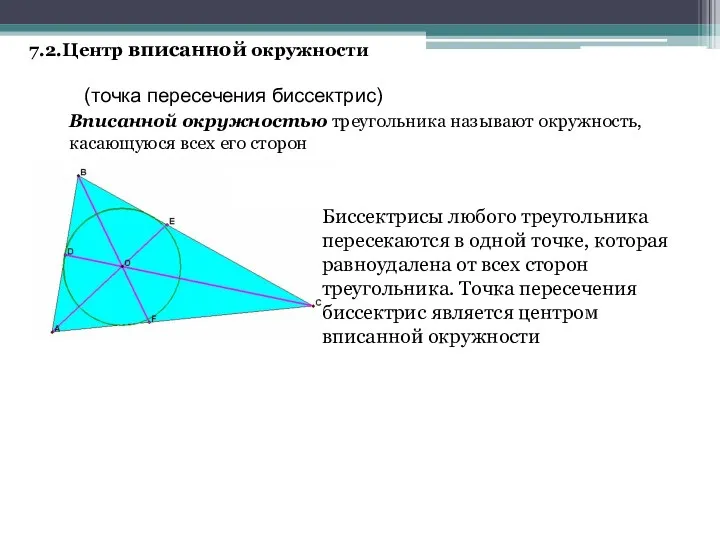 7.2.Центр вписанной окружности (точка пересечения биссектрис) Вписанной окружностью треугольника называют окружность, касающуюся всех