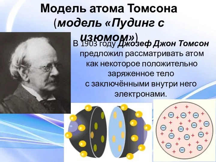 В 1903 году Джозеф Джон Томсон предложил рассматривать атом как
