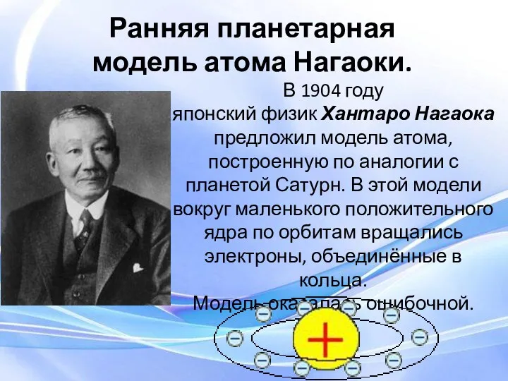 В 1904 году японский физик Хантаро Нагаока предложил модель атома,