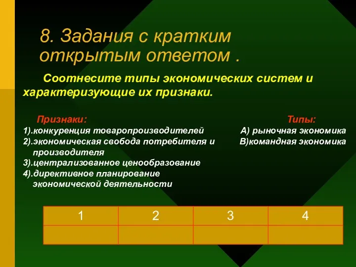 8. Задания с кратким открытым ответом . Соотнесите типы экономических