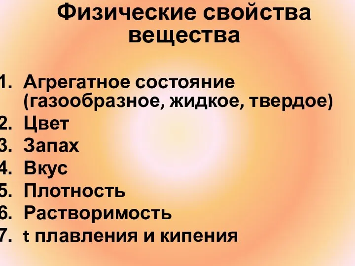 Физические свойства вещества Агрегатное состояние (газообразное, жидкое, твердое) Цвет Запах