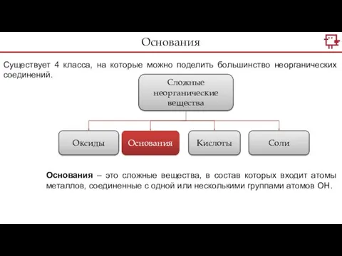 Основания Существует 4 класса, на которые можно поделить большинство неорганических