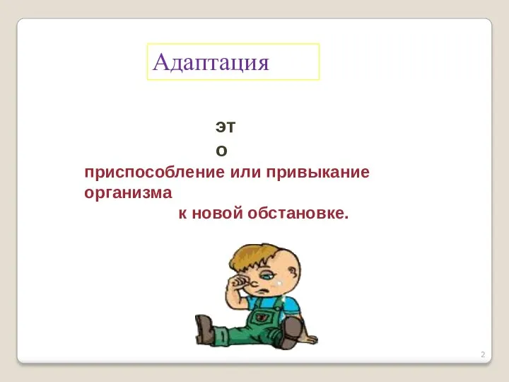 Адаптация приспособление или привыкание организма к новой обстановке. это