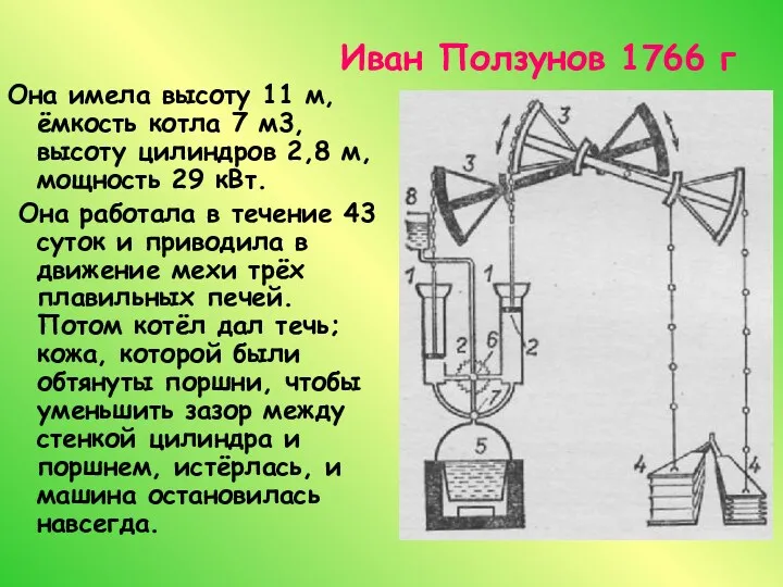 Иван Ползунов 1766 г Она имела высоту 11 м, ёмкость