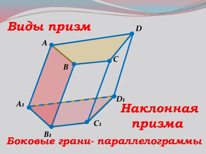 A B C1 D A1 B1 D1 C Виды призм Наклонная призма Боковые грани- параллелограммы