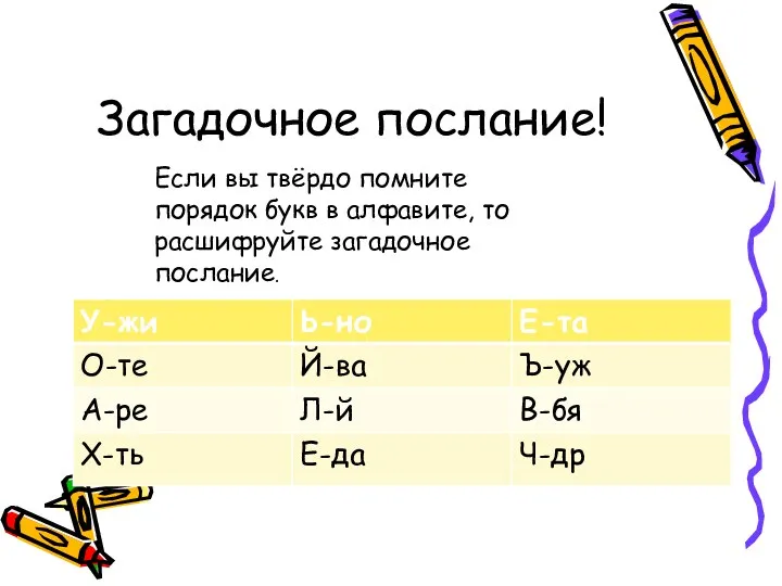 Загадочное послание! Если вы твёрдо помните порядок букв в алфавите, то расшифруйте загадочное послание.