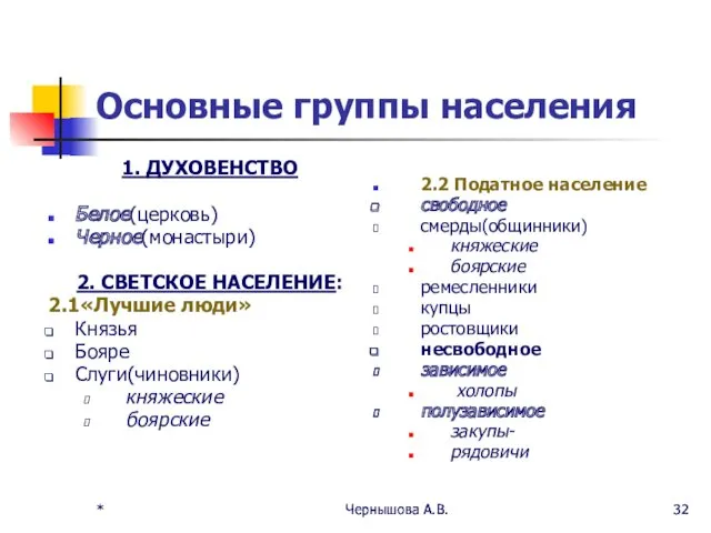 * Чернышова А.В. * Чернышова А.В. Основные группы населения 1.