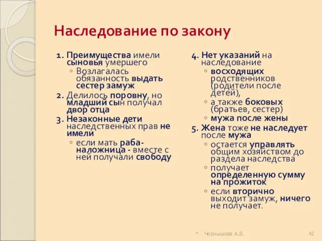 * Чернышова А.В. Наследование по закону 1. Преимущества имели сыновья