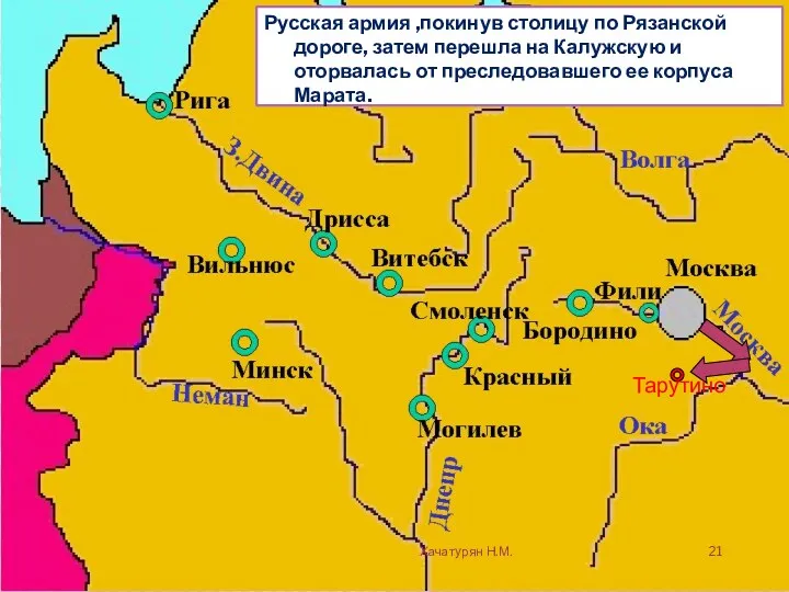 Русская армия ,покинув столицу по Рязанской дороге, затем перешла на Калужскую и оторвалась
