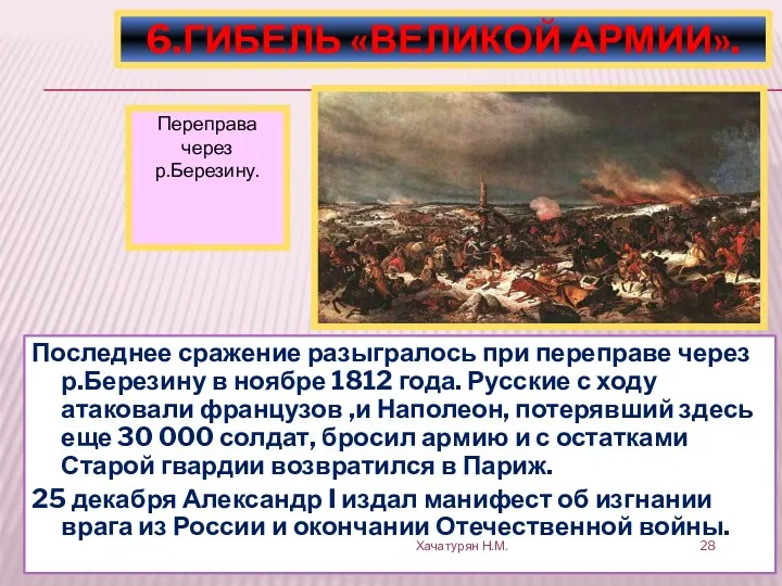 Последнее сражение разыгралось при переправе через р.Березину в ноябре 1812 года. Русские с